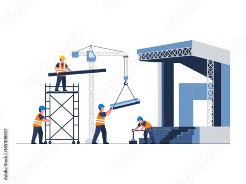 Construction Crew at Work: Construction workers collaborate on-site, coordinating the assembly of a new stage with focused precision and teamwork, a scene that represents industry and progress.