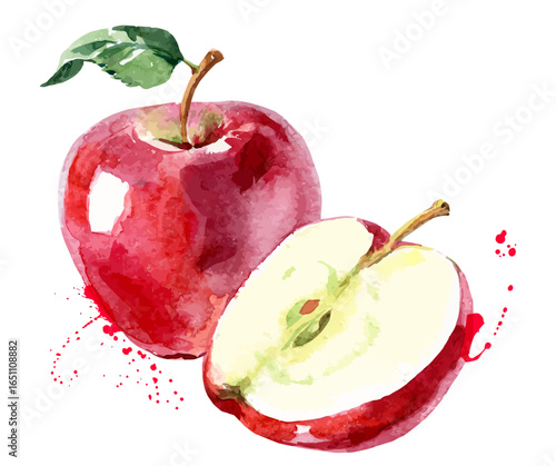 Watercolor illustration of a whole and sliced red apple, with a green leaf.