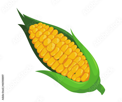 Colorful illustration of a corn cob with vibrant yellow kernels and green leaves.