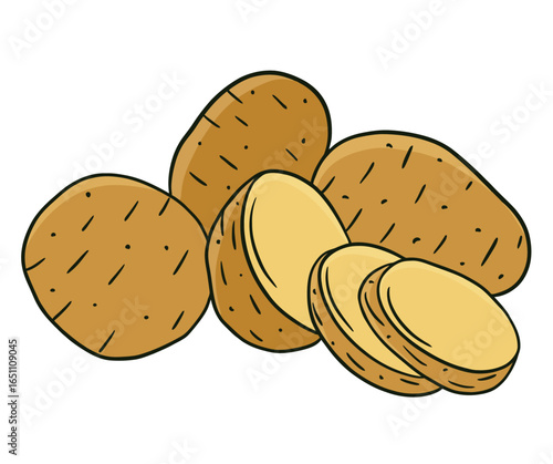Illustration of whole and sliced potatoes, showcasing their shape, texture, and natural color.