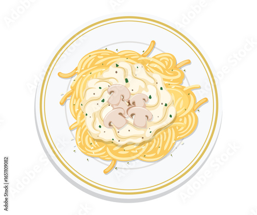Creamy mushroom pasta dish on a white plate, top view.