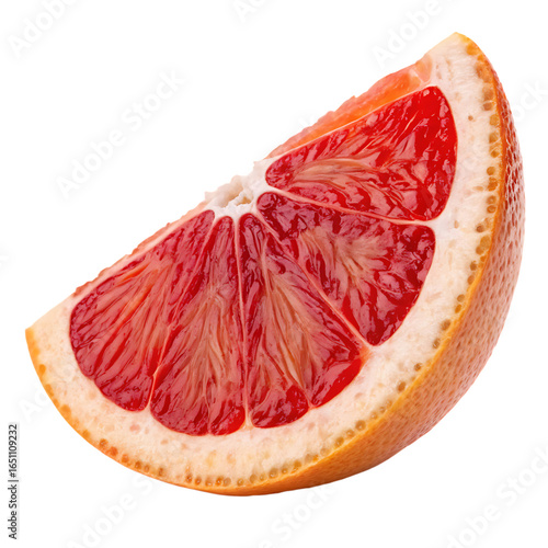A sliced blood orange revealing vibrant red flesh isolated on a transparent background
