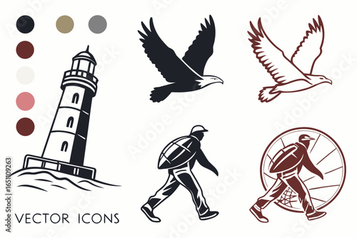Collection of vector icons featuring eagles, lighthouse, and hikers