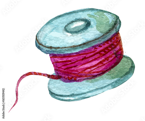 Watercolor painting of a spool of vibrant pink thread, ready for sewing or crafting.
