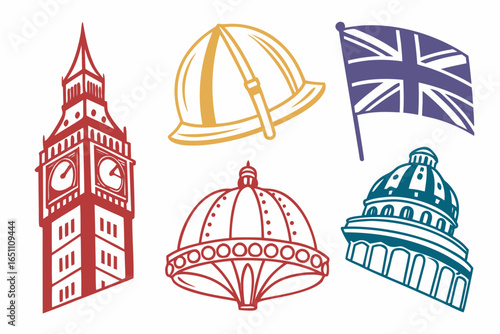 Collection of london landmarks and british symbols isolated on white background
