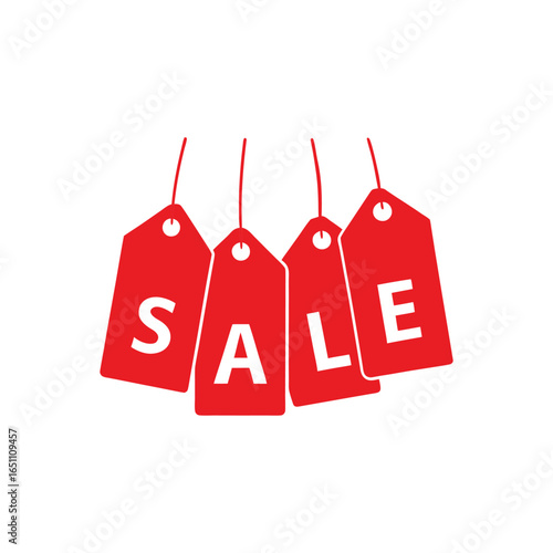 Red tags with white letters spelling "SALE" are arranged in a row on white background.