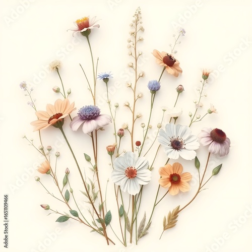 Elegant Botanical 3D Render of a Wildflower Bouquet with a Minimalist Aesthetic on a Neutral Background