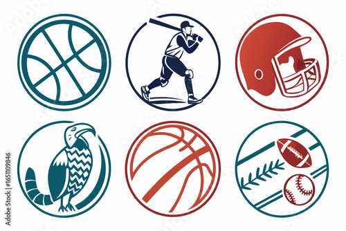 Collection of sports icons including baseball, basketball, football, and eagle