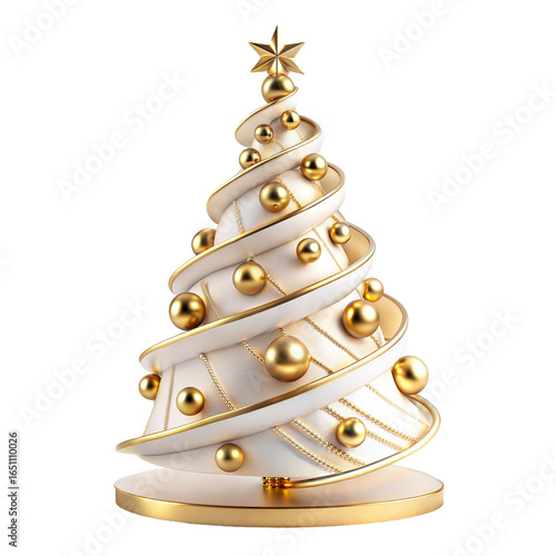 Elegant gold and white christmas tree isolated on transparent background for holiday season