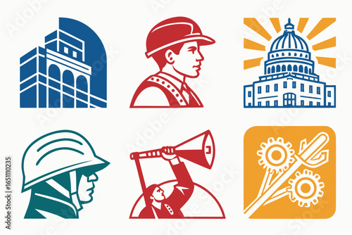 Set of icons representing construction, labor, and government themes