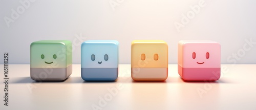 Colorful cube characters with smiling faces, arranged in a row on a light surface, exuding a playful and cheerful vibe.