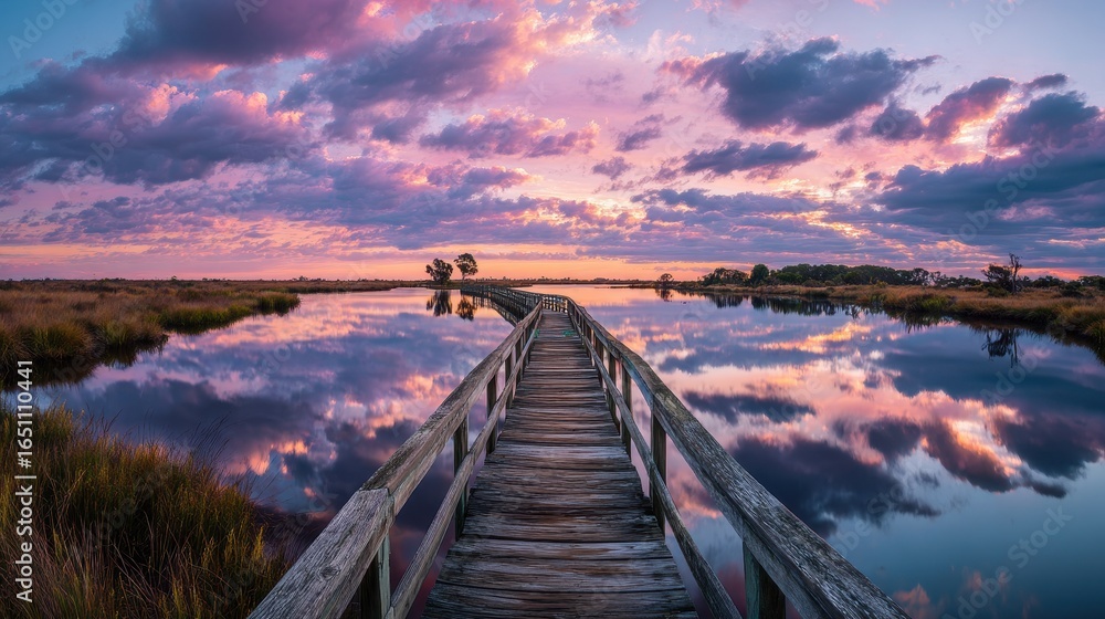 Naklejka premium Wooden boardwalk sunrise marsh tranquil reflection