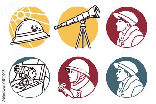 Vintage exploration and discovery icons telescope, helmet, and explorer