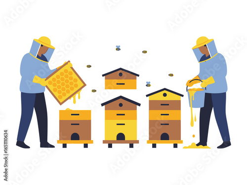 Beehives and Beekeepers' Illustration: A vibrant illustration depicting beekeepers at work, tending to a row of colorful beehives, extracting golden honey with precision and care.