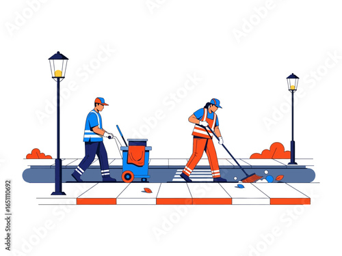 City Street Cleaners: A vibrant illustration of two dedicated street cleaners, diligently maintaining the cleanliness of the city streets, highlighting their commitment to urban upkeep.