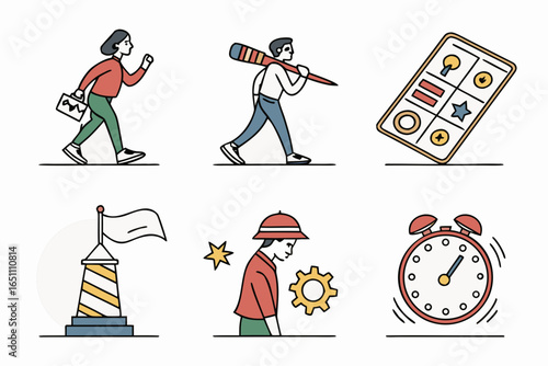 Collection of six simple illustrations of people and objects isolated on white background