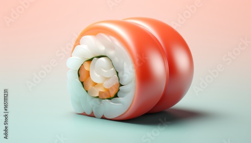 A vibrant, stylized sushi roll showcasing fresh ingredients and a colorful presentation against a soft gradient background.