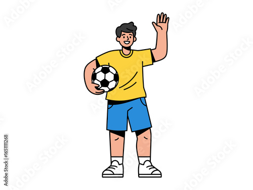 Soccer Enthusiast: A joyful, animated representation of a soccer player, holding a soccer ball and waving, with a cheerful disposition and embodying the spirit of sportsmanship.