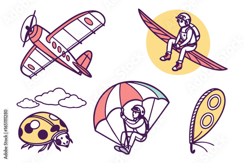 Collection of airborne vehicles and insects isolated on white background