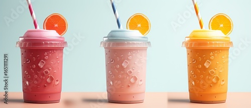 Three colorful drinks in cups with straws and ice, adorned with orange slices, set against a soft pastel background.