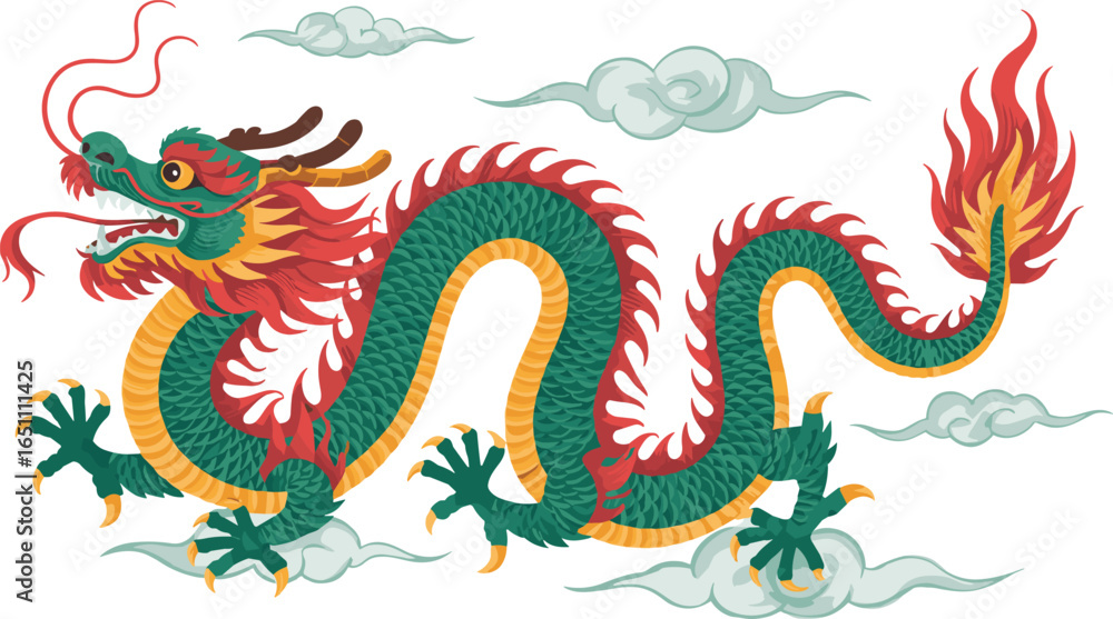 Traditional Chinese dragon illustration with vibrant colors, mythical creature flying through clouds, Asian culture symbol, folklore art, fantasy design Traditional Chinese dragon illustration with vibrant colors, mythical creature flying through clouds, Asian culture symbol, folklore art, fantasy design