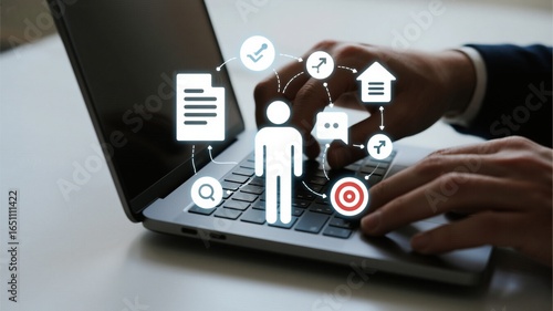 AI office automation, two hands operating a notebook, connecting documents, search, target bullseye and other icons