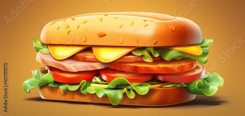 A colorful sandwich with layers of cheese, ham, lettuce, and tomatoes, presented on a warm, toasted bun.