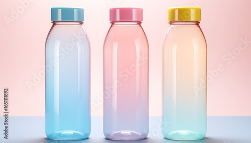 Three gradient bottles with pastel-colored caps on a soft background, showcasing a modern and minimalist design.