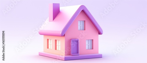 A stylized, pastel-colored house model featuring a pitched roof, windows, and a door, set against a soft purple background.