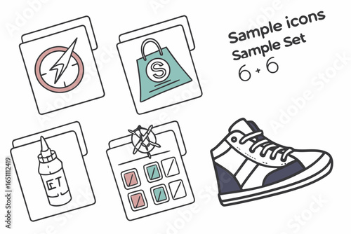 Handdrawn icons and a sneaker isolated on white background