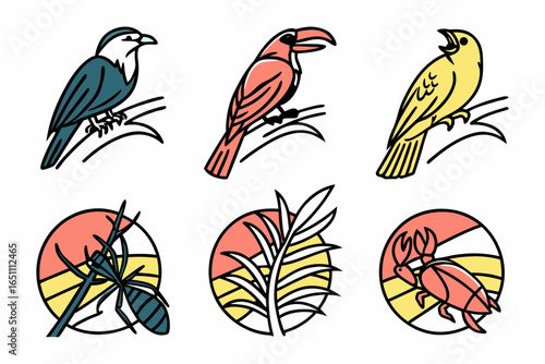 Collection of tropical birds, insects, and crustaceans in flat design style