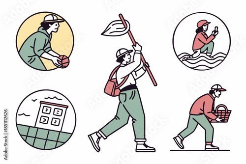 Collection of people engaged in various outdoor activities and hobbies