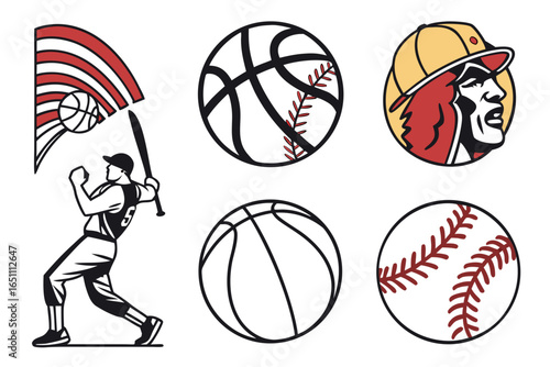 Collection of baseball and basketball sports icons and player