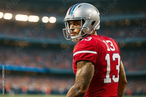 American football player wearing red jersey with number 13 standing on field in stadium under bright lights during game. Ai generative.