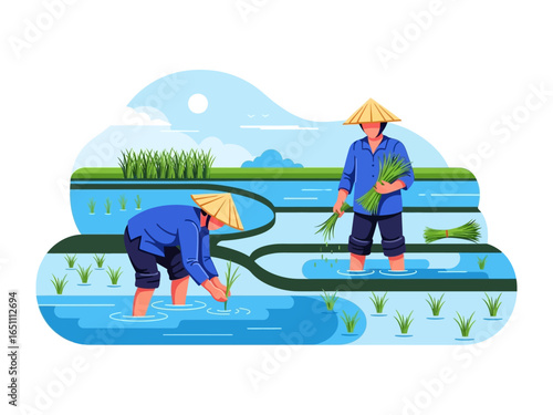 Rice Farmers in Field: Two rice farmers dressed in conical hats tending to their rice fields. A scene of the tranquil landscape, highlighting the dedication and traditional agricultural practice.