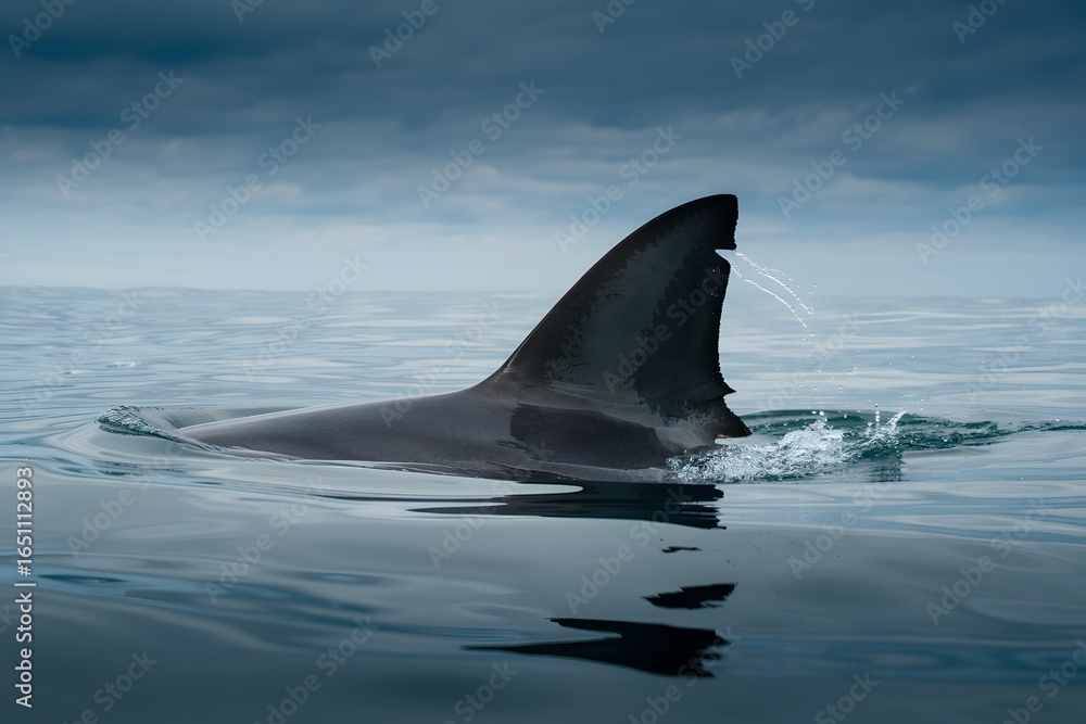 Great white shark fin cutting through calm ocean water Great white shark fin cutting through calm ocean water