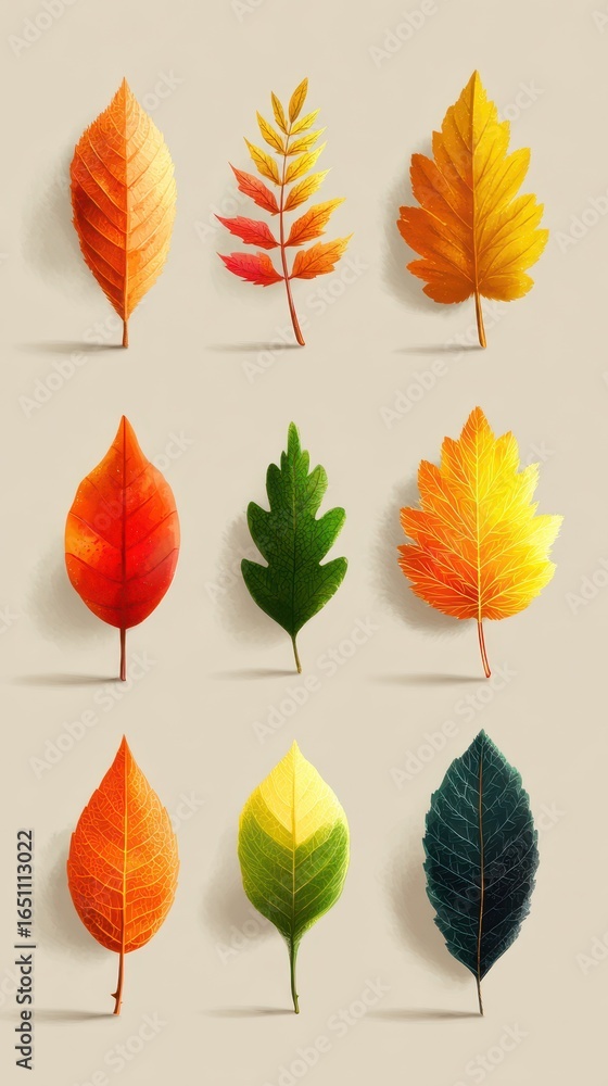 Fototapeta premium Colorful display of autumn leaves arranged artistically on a neutral background