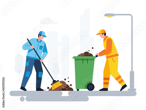 Street Cleanup: Two sanitation workers in uniform diligently clean up the street, highlighting urban cleanliness and public service.
