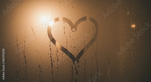 Heart Drawn on Foggy Window with Golden Sunlight.