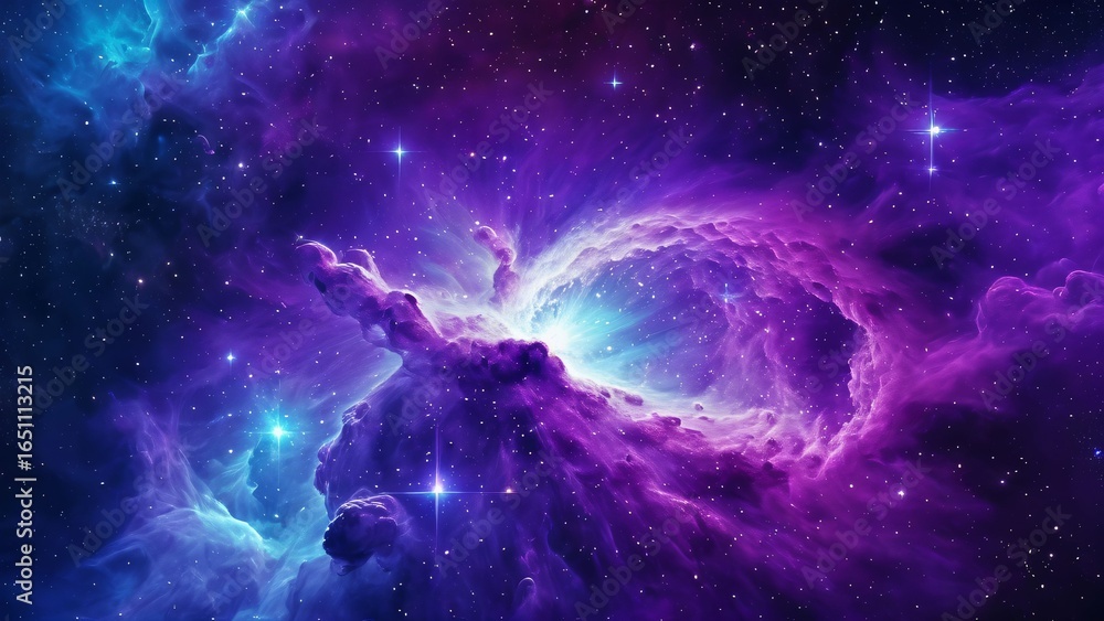 Obraz premium Colorful space nebula with vibrant purple and blue cosmic clouds, detailed star background