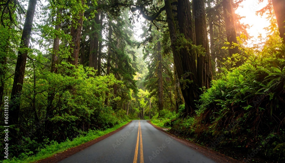 Obraz premium Road through redwood forest at sunrise