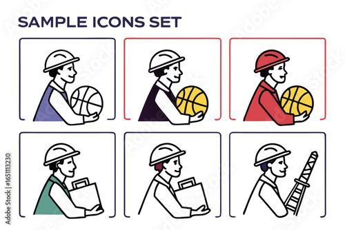 Set of icons showing construction workers with basketballs and briefcases