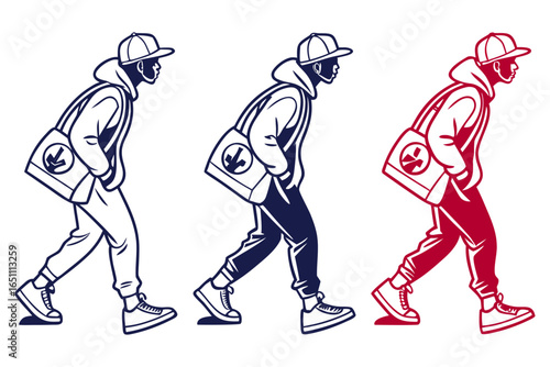 Man walking in streetwear with a cap and messenger bag, isolated on white background