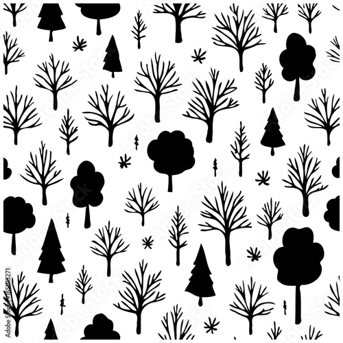 Seamless pattern featuring a diverse collection of artistic tree illustrations against a clean white backdrop perfect for textiles