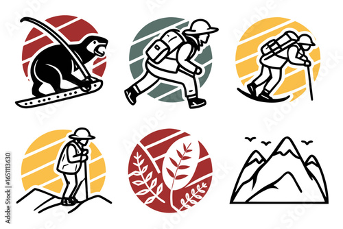 Collection of outdoor adventure icons including hiking, skiing, and mountains