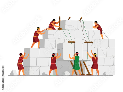 Building Ancient Structure: A group of ancient workers diligently erect a massive stone structure, employing primitive tools and teamwork in a display of historical construction.