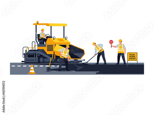 Road Construction Scene: A vibrantly illustrated depiction captures road workers in action, operating machinery and paving a fresh stretch of asphalt.
