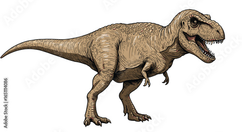 Detailed illustration of a Tyrannosaurus Rex, showcasing its powerful physique and predatory stance.