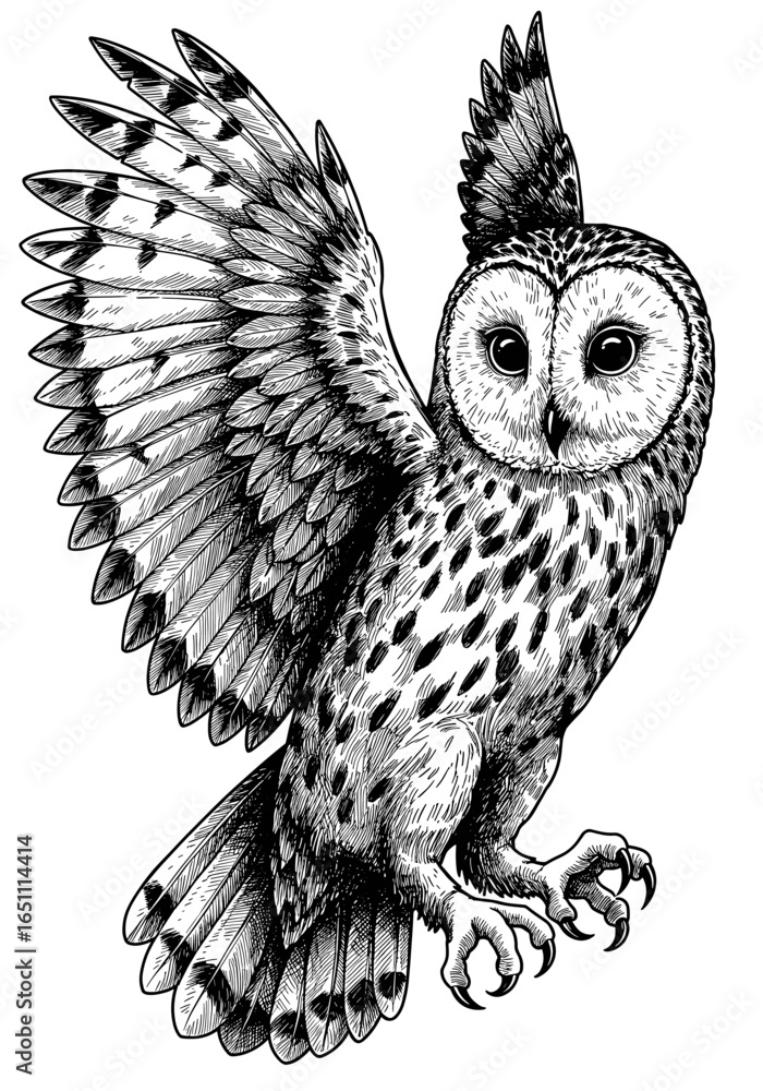 Fototapeta premium Intricate black and white drawing of a barn owl with wings partially spread, showcasing detailed feather patterns and sharp talons.