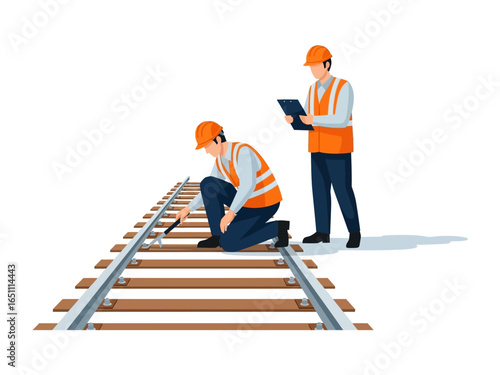 Railway Inspection: Two railway workers, clad in safety attire, meticulously inspect a railway track. One kneels, focused on a specific detail, while the other observes with a clipboard.